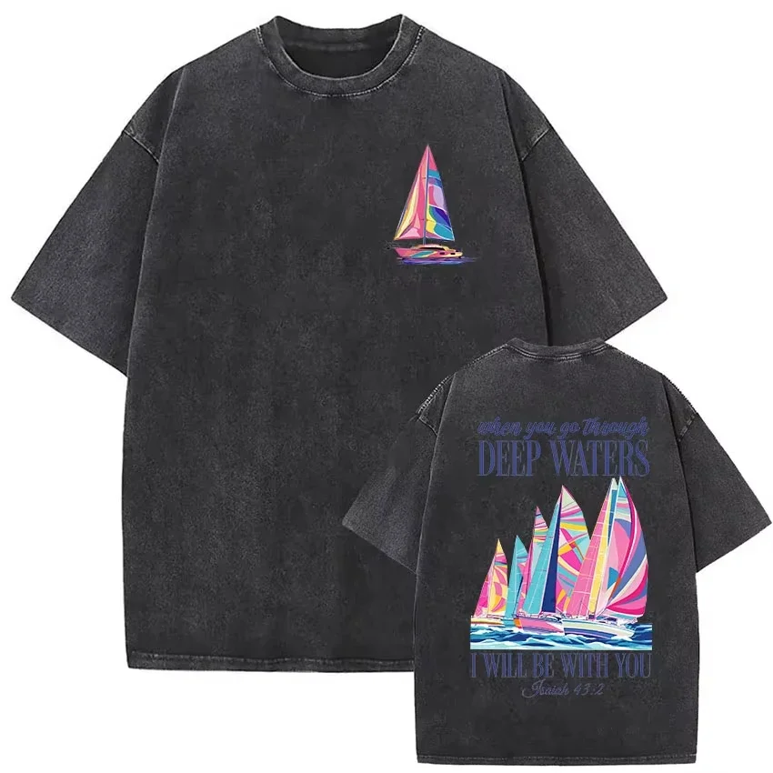 When You Pass Through Deep Waters Vintage Washed T Shirt Jesus Whale Men Woman Short Sleeve T-shirts Casual 100% Cotton T-shirt