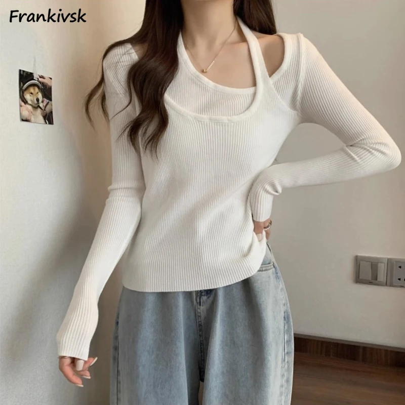 

Solid Sweaters Women Slim Criss-cross Sexy Korean Style Fake Two Piece Asymmetrical Daily All-match Spring Autumn Stretchy Ins