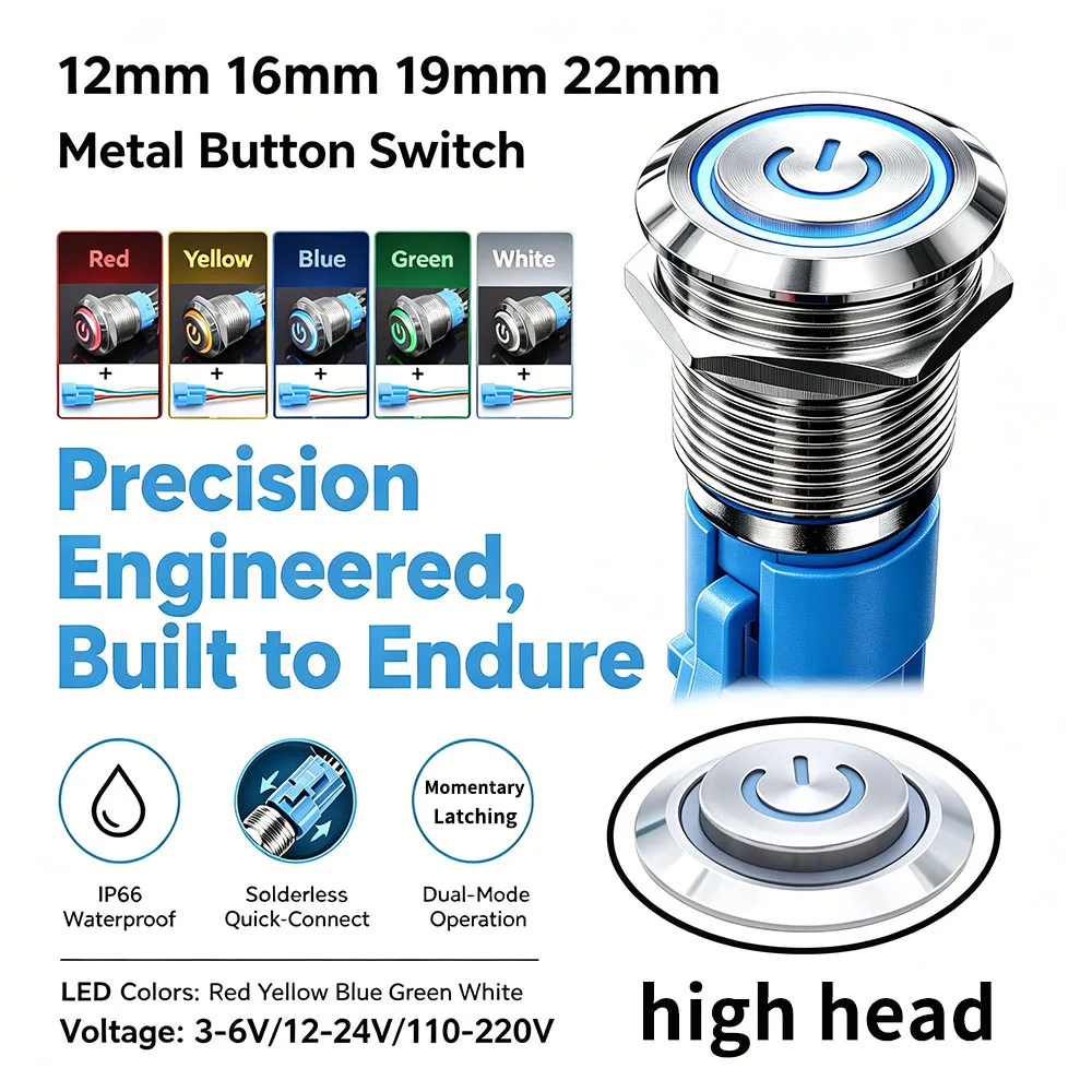 

Metal Push Button Switch 12-22mm Waterproof LED Illuminated Latching Momentary AC DC 12V 24V 220V Power Switch With Wire for Car