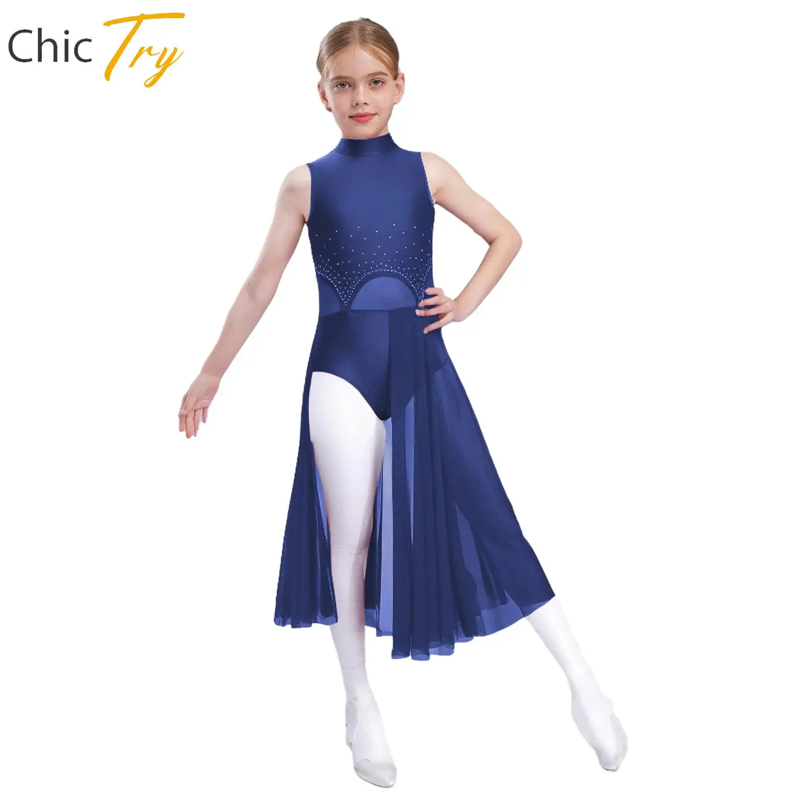

Kids Girls Modern Lyrical Dance Costume Glitter Rhinestones Mesh Split Dress Ballet Contemporary Figure Skating Dress Dancewear