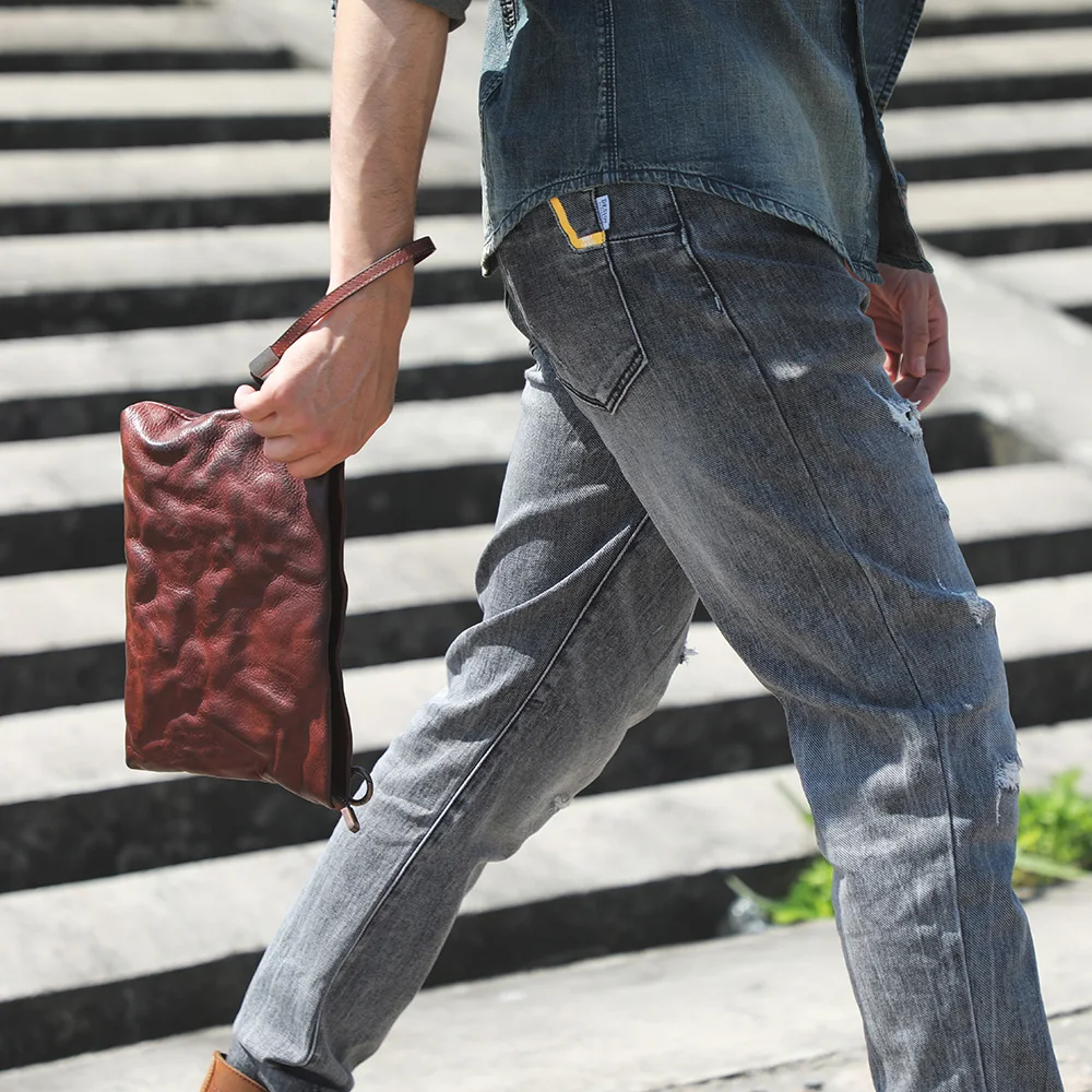 S.WORKER Vintage Echtleder Herren-Clutch-Tasche, Schultertasche, Handgefertigte Mini-Handtasche für Handy & Schlüssel – Detail 5