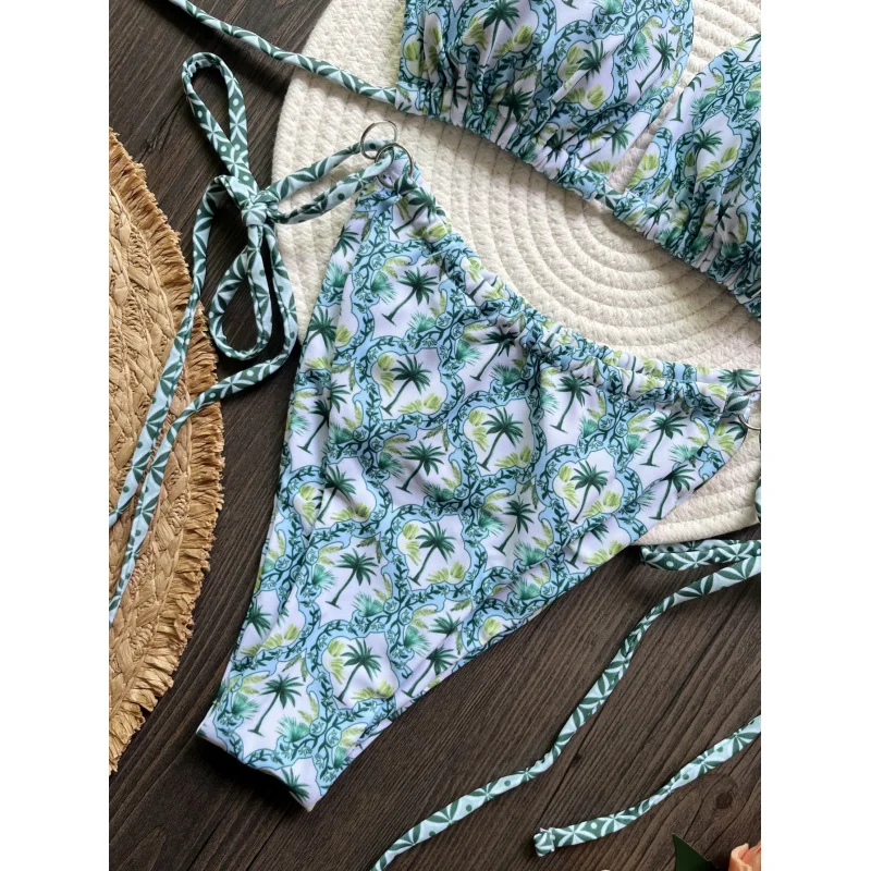 2024NewbikiniHot-Selling Floral-Print Lace-up Sexy Bikini Points