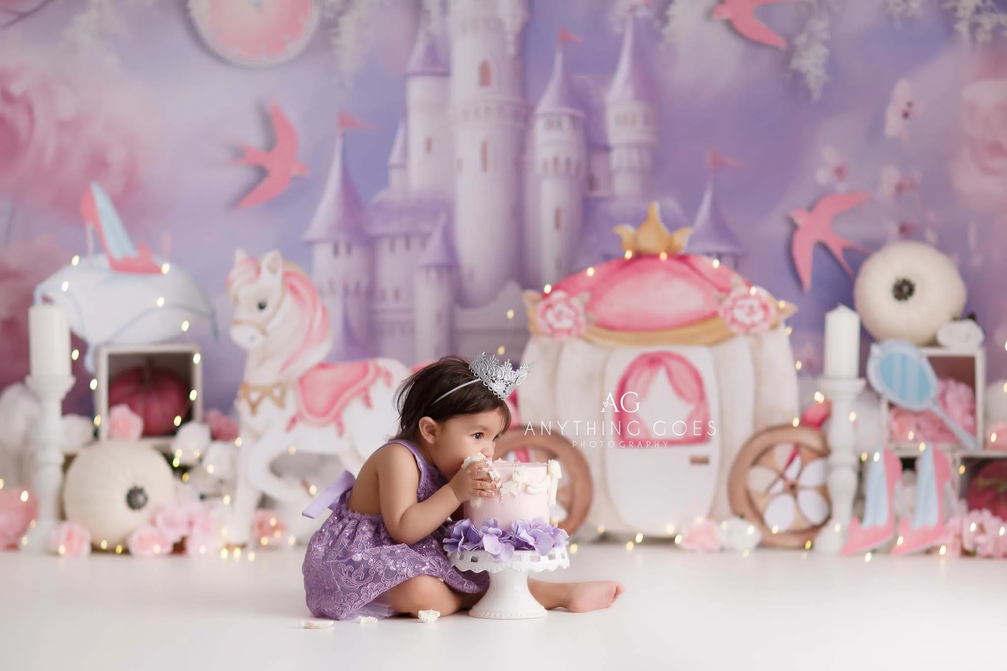 Pink Castle Carriage Backdrops Birthday Cake Smash Kids Baby Photography Prop Child Adult Decoration Pink Swallow background