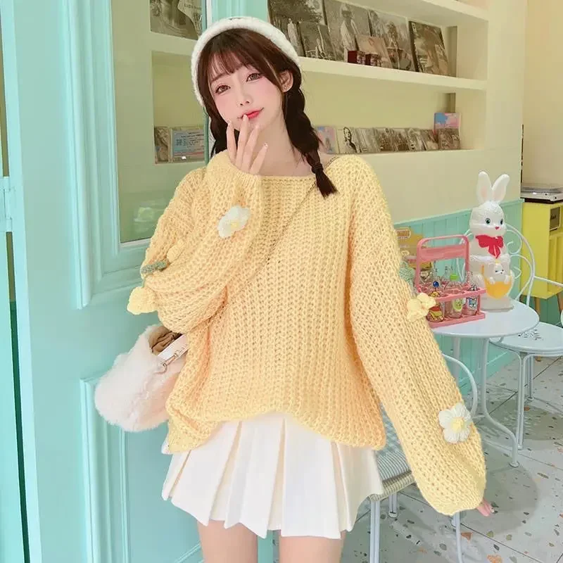 Kimotimo 2024 Autumn Winter 3D Flowers Sweater Women O-neck Loose Soft Kawaii Knitted Pullover Sweet Lazy Style Long Sleeve Tops