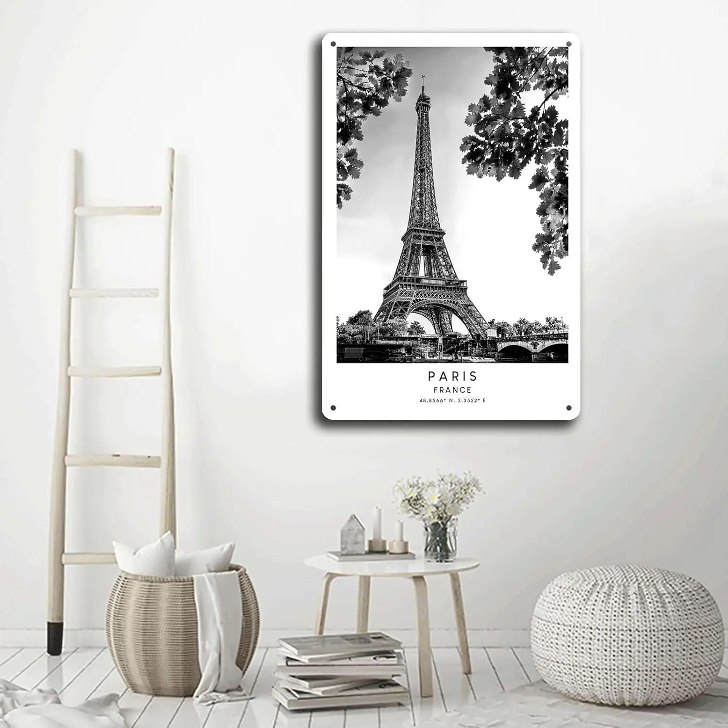 Tin Signs Paris Travel Black And White Eiffel Tower Paris Coordinates Cafe Office Shop Bar Wall Decoration 8x12inch Tin Sign