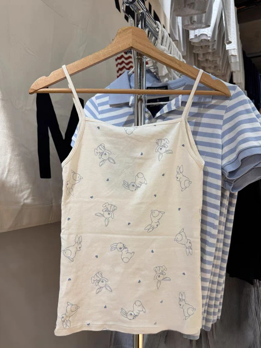 토끼 프린트 코튼 슬림 탱크탑 여성 여름 3버튼 레이스 트림 캐미솔 스윗 귀여운 캐주얼 민소매 베스트 Y2k 탑 신상