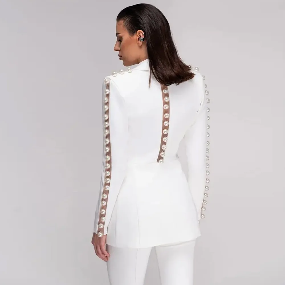 HIGH STREET Newest 2026 Designer Runway Suit Set Women's Pearls Beaded Gauze Patchwork Slim Fitting Blazer Pants Set