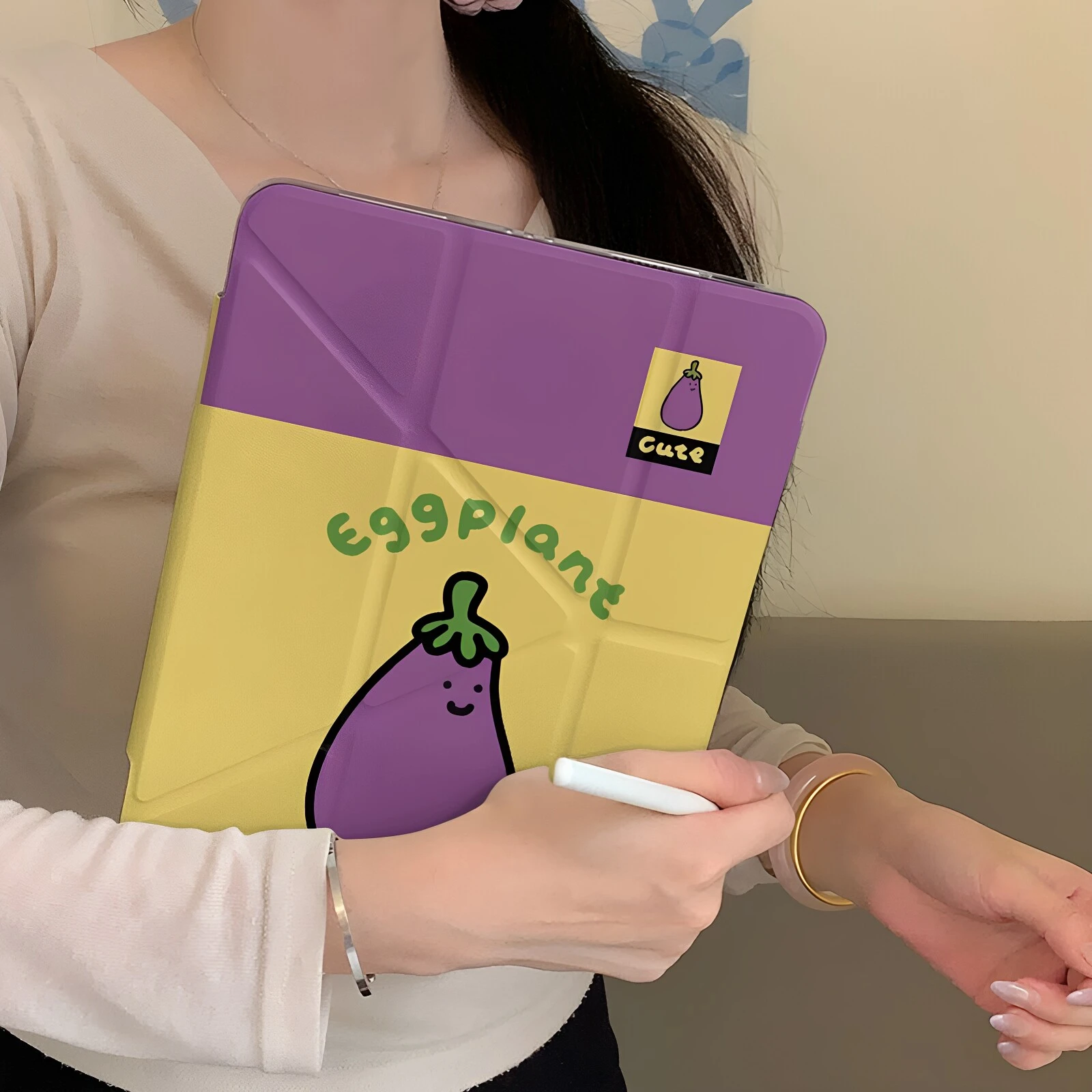 Ins Cute Cartoon Purple Eggplant Cover For iPad Pro 13 11th M5 M4 12.9 A16 10 8 7 9th 10th Air 11 M2 M3 Mini Split Tablet Case