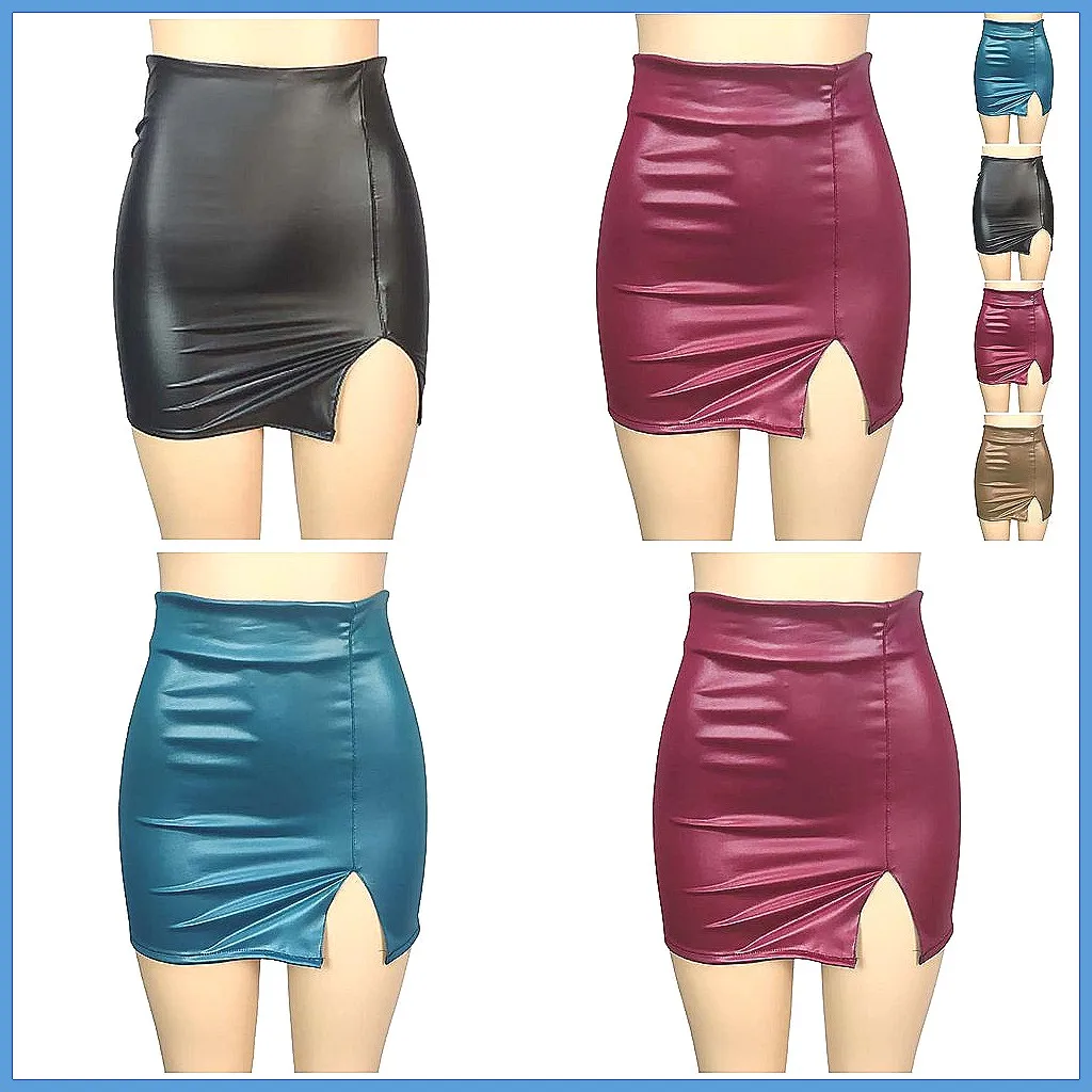 

Women's Faux Leather High Waisted Skirt with Slit, Ruched Wrap & Back Zip | Sexy A-Line Club Skirt