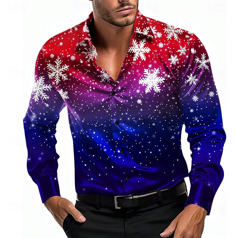 

2025 Christmas Men's Snowflake Formal Shirt Button Lapel Long Sleeve Fashion Casual Party Evening Wear Party Autumn 3D Printing