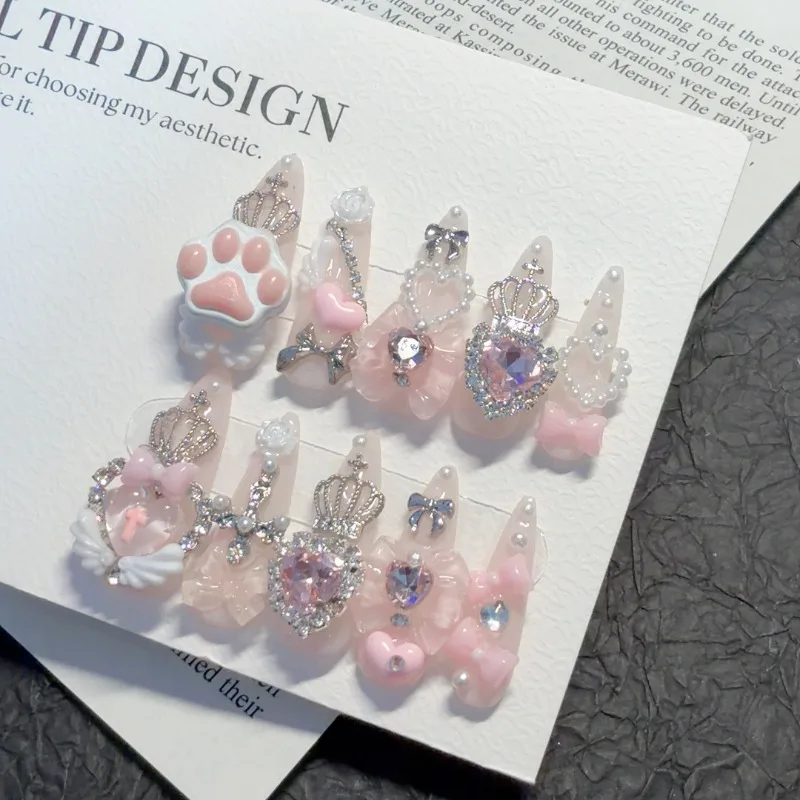 10PCS Cute Jirai Kei Short Almond Handmade Press on Nails WhitePink 3D Bow Cat Claw Y2K Fake Na... product image