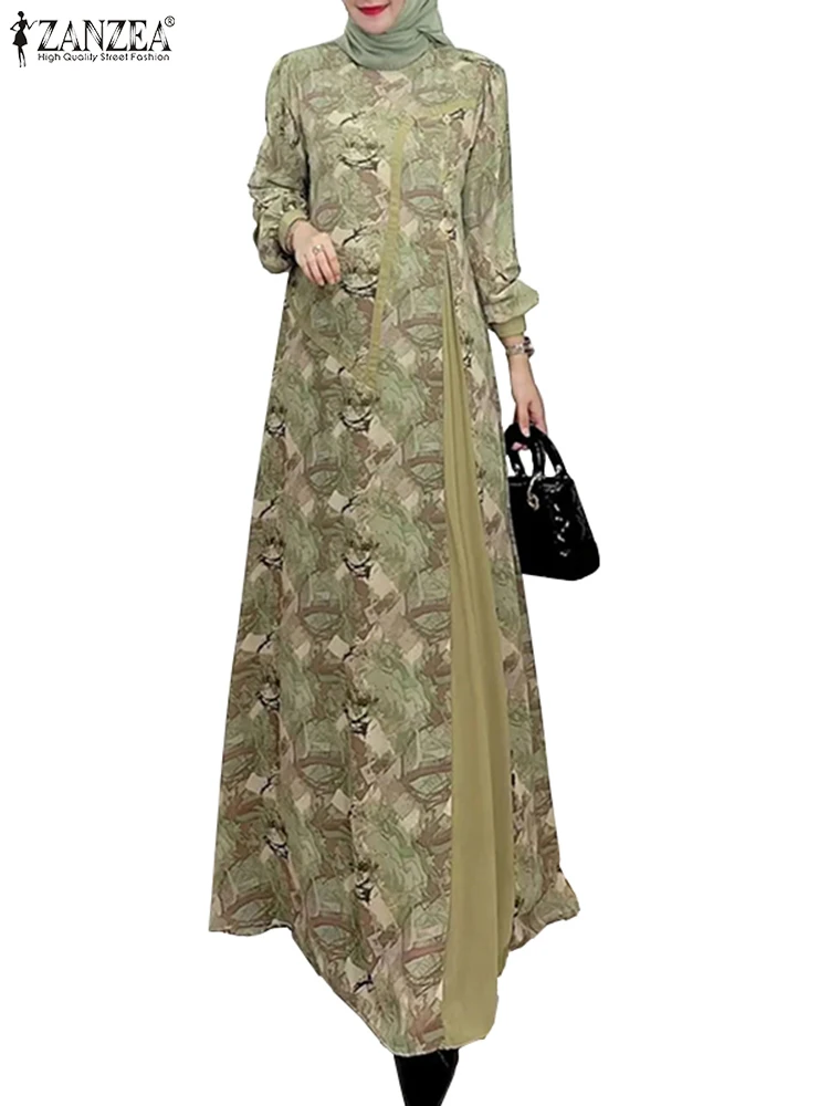 ZANZEA Women Muslim Islamic Long Dresses Elegant Floral Print Fake Two-Piece Patchwork Abaya Robes Casual Loose Hijab Vestidos