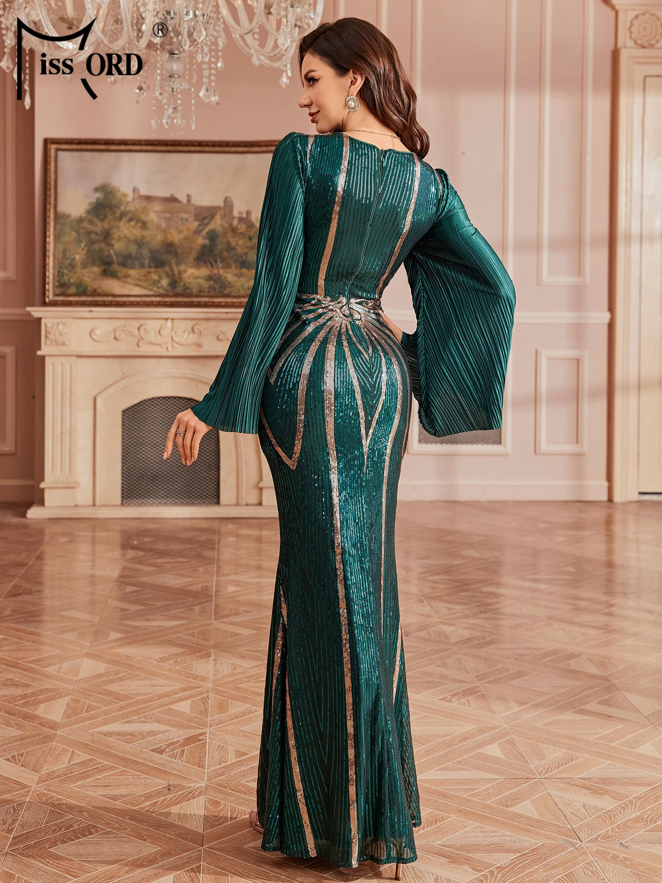 Missord Winter Church Dress V Neck Flare Sleeve Sequin Mermaid Evening Gown Wedding Birthday Party Formal Occasion Maxi Dresses