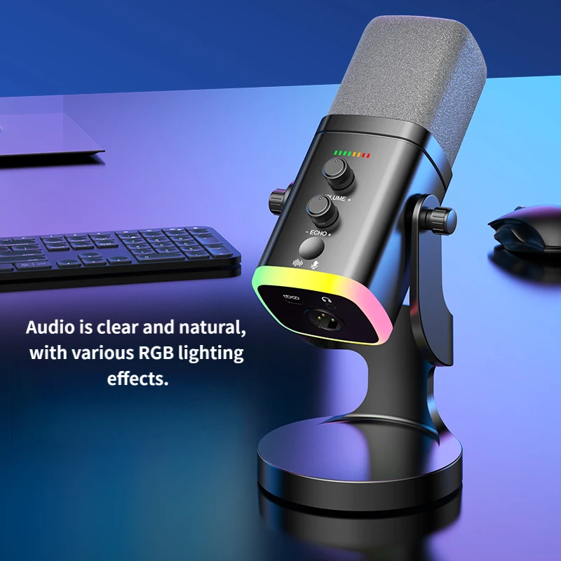 

НОВИНКА! Горячая распродажа: Черный проводной микрофон для подкастов и игр с RGB-подсветкой, подставкой, фильтром и USB-кабелем для конференций.