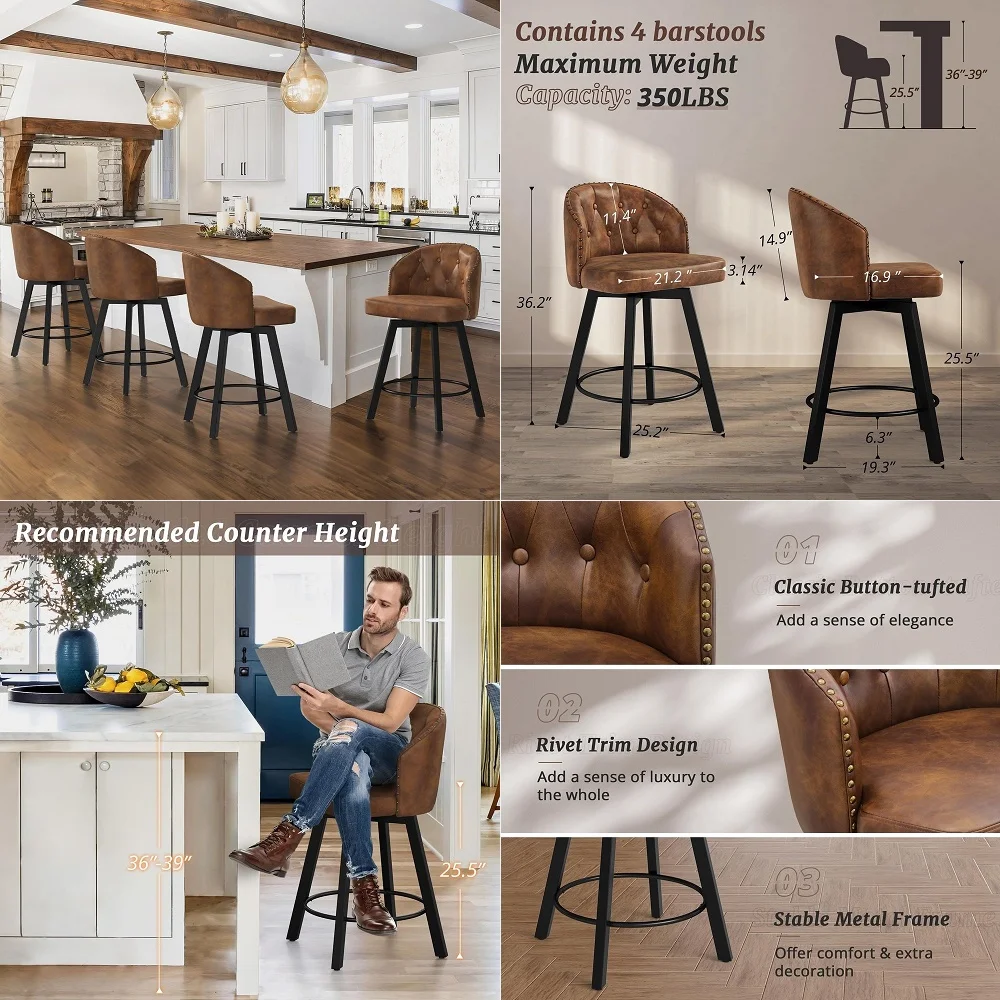 

Counter Height Bar Stools Set of 4, Velvet Swivel Bar Stools with Tufted Back, Nailhead Trim amp Wood Footrest, Upholstered Bar