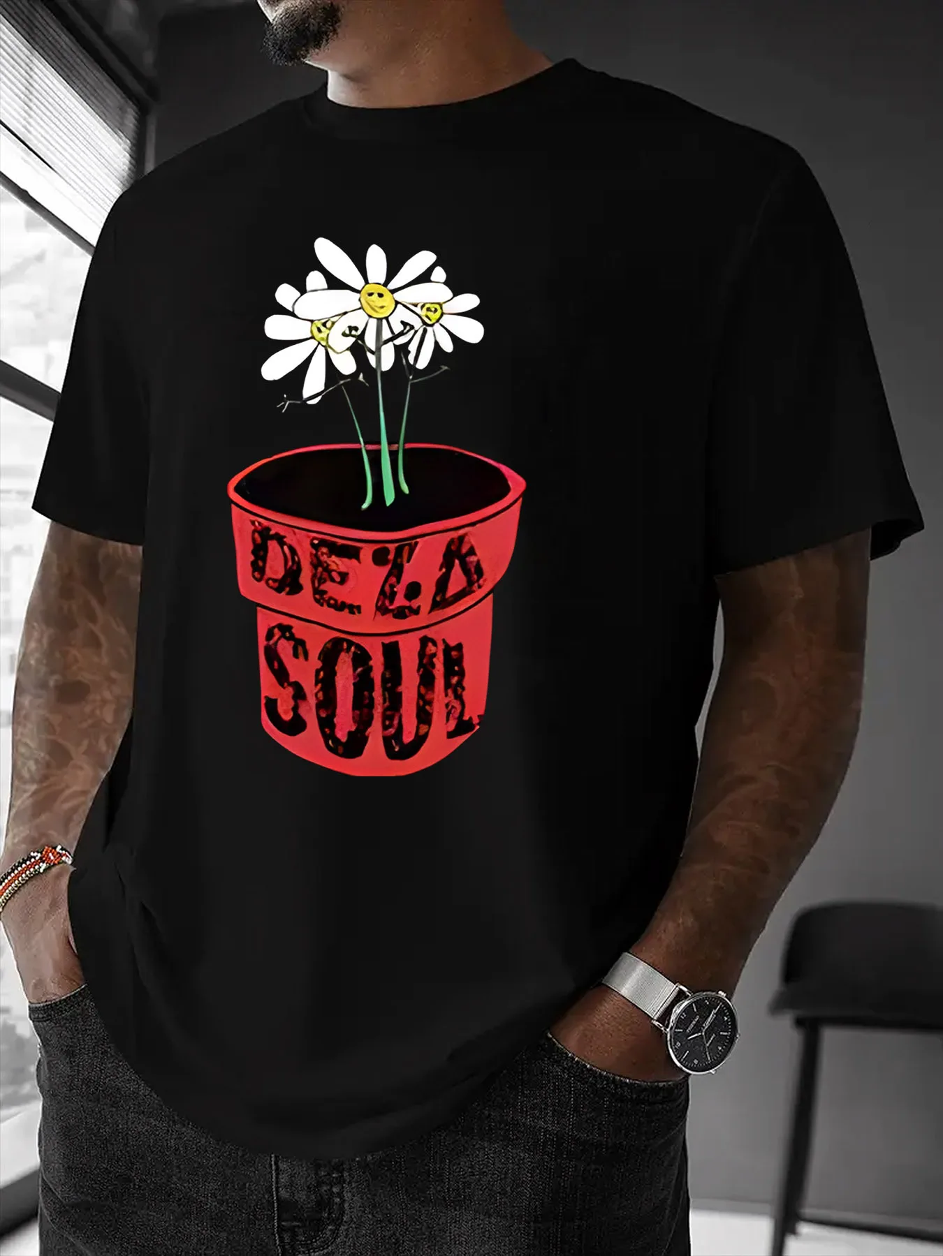 

"DEZA SOUL" Daisy Plant Print T-Shirt 100% Cotton O-Neck Short Sleeve Summer Casual Mens T-shirt Streetwear