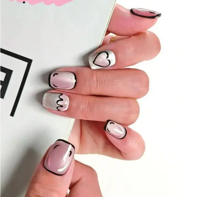 10개입 달콤한 핑크 짧은 사각형 수제 착용 가능한 네일, 네일 아트, 2D 만화 네일, 모든 여성 및 소녀들의 일상 착용에 적합