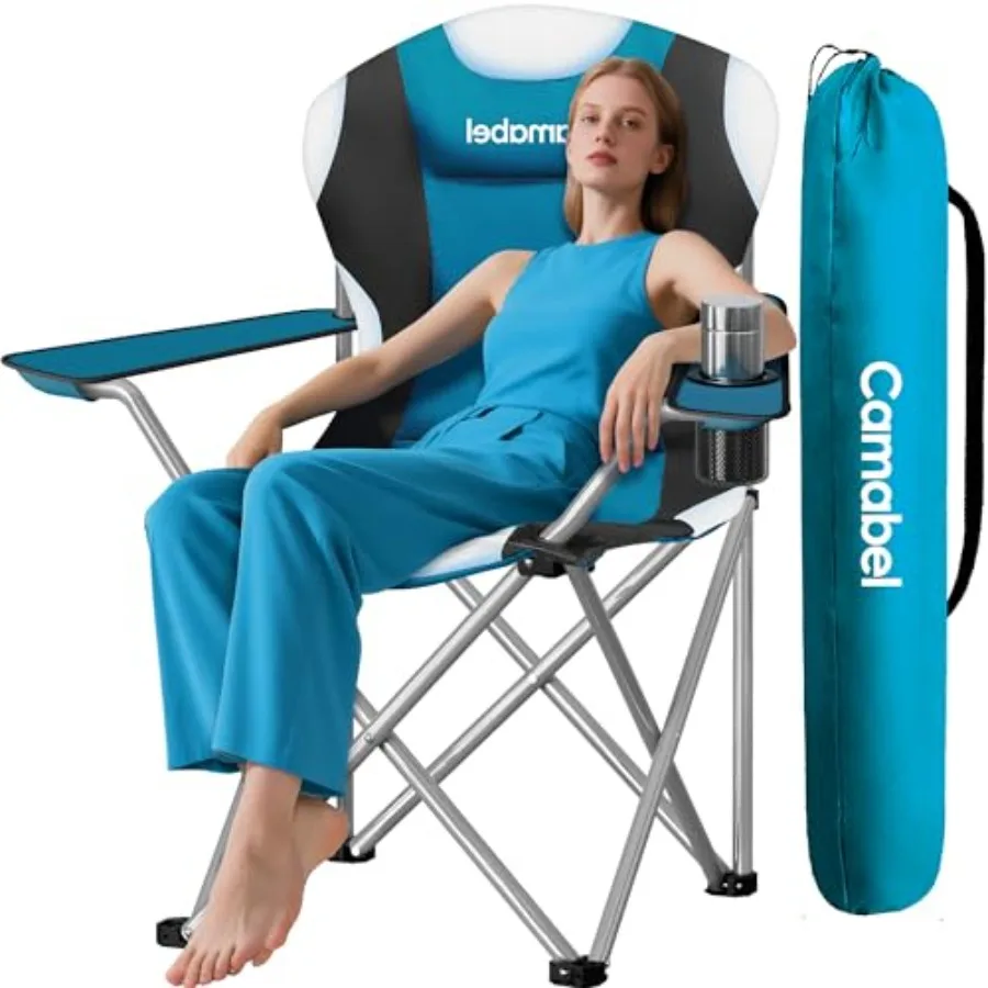 

Folding Camping Chairs for Outdoor Use, Heavy Duty Steel Frame, Deep Lake Blue, Padded Seat with 400 LBS Capacity, Includes Cup