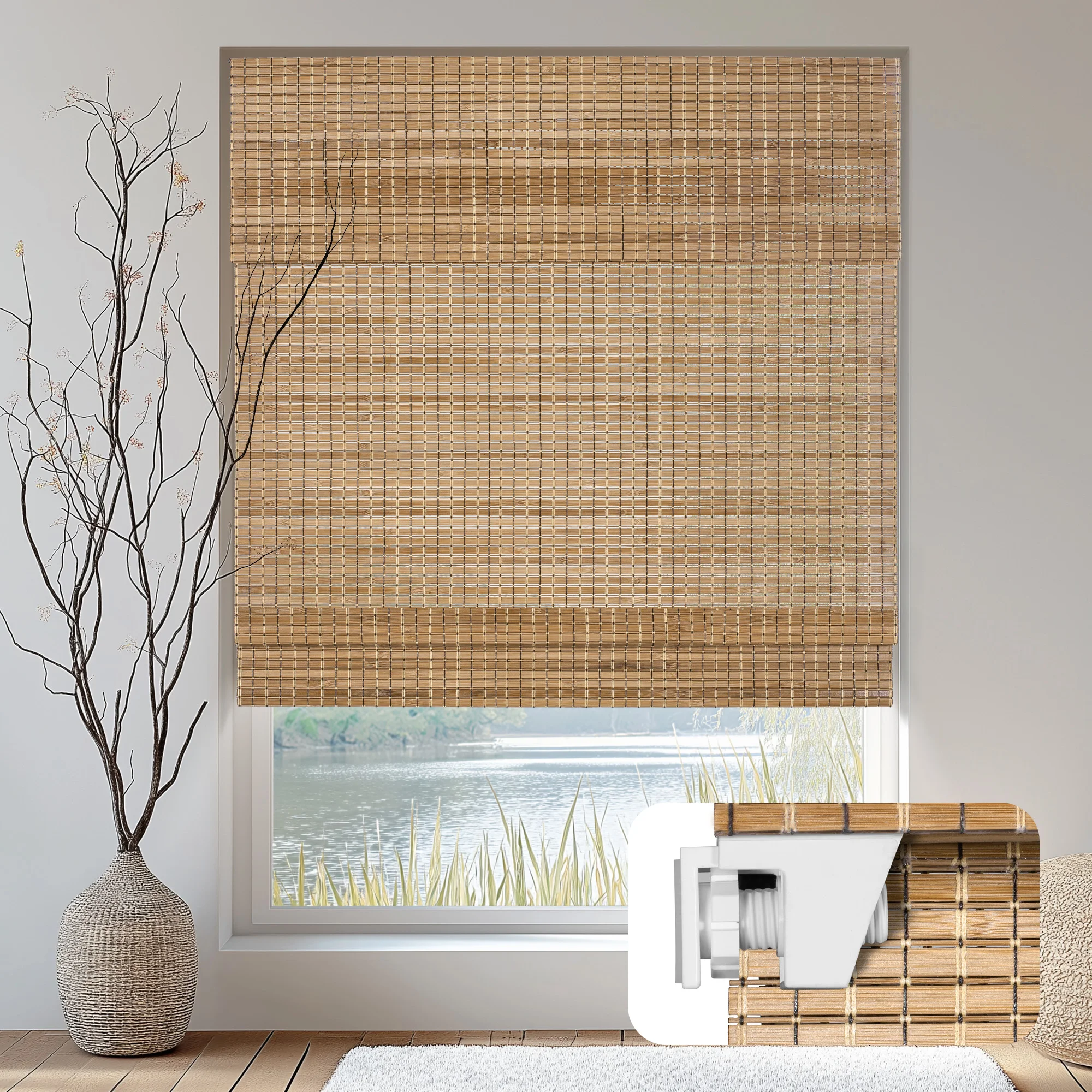 Sinsbest No Drill No Tools Bamboo Roman Shades, Room Darkening Natural Cordless, UV Protection Easy Install Bedroom Kitchen