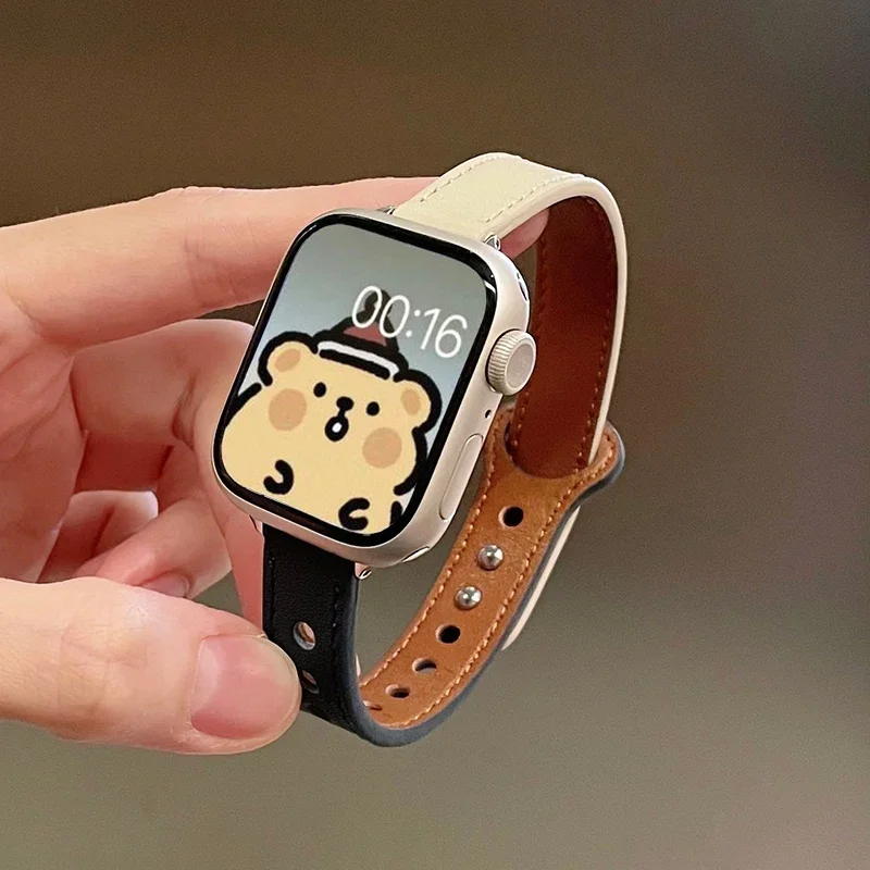 Tali kulit tipis untuk jam tangan cerdas Apple, tali kulit tipis untuk jam tangan cerdas Apple, ikat pinggang 10 9 8 49mm 41mm 40mm, 42mm, 44mm, 45mm, tali gelang jam untuk wanita, iwatch 7 6 4 se Ultra