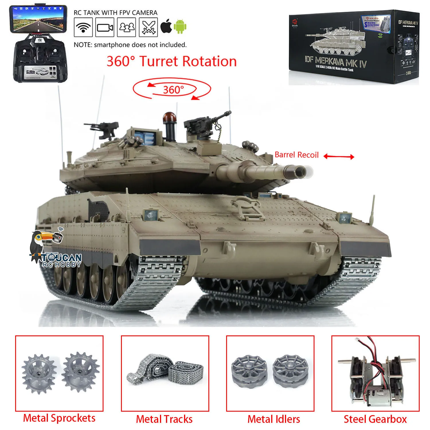 1:16 RC Main Battle Tank Heng Long Car 3958 TK7.0 IDF Merkava MK IV FPV Upgrade Edition Toucan Toys for Boys