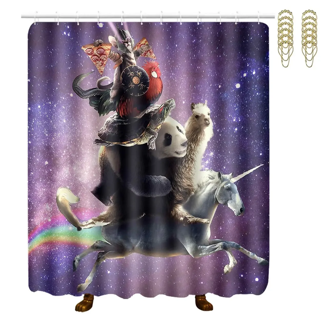 Space Pizza Lazer Cat Riding Llama Turtle Bathroom Shower Curtain