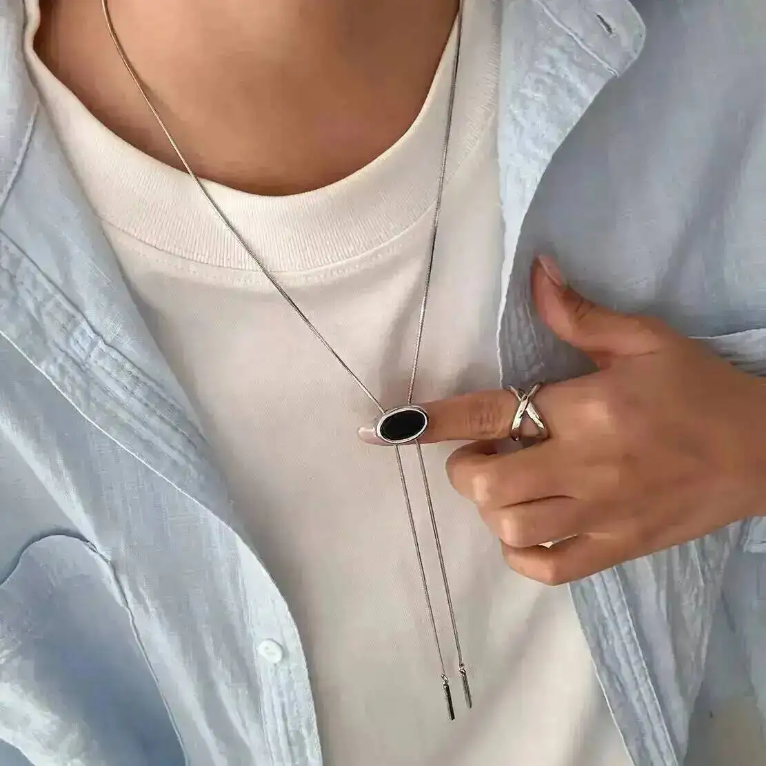 

KunJoe HipHop Punk Stainless Steel Necklaces Men Simple Silver Color Long Snake Chain Acrylic Geometric Pendant Necklace Jewelry