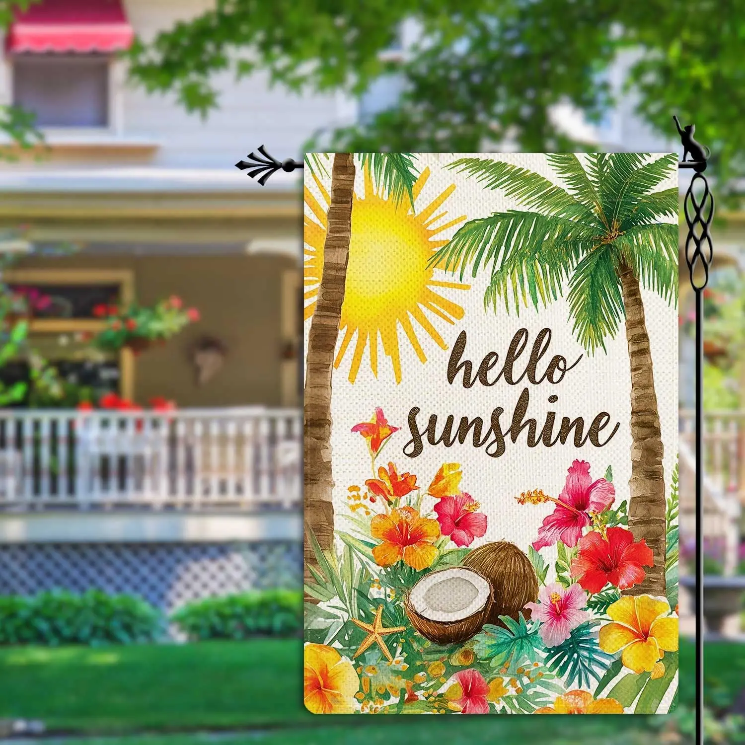 Hello Sunshine Garden Flag Summer Holiday Garden Flag Coconut Hibiscus Vertical Double Sided Rustic Farmland Burlap Yard Law llp