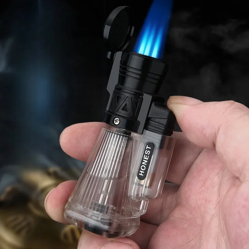 Briquet à gaz à trois jets en métal transparent, briquet torche turbo, coupe-vent extérieur, flamme bleue portable, outil cadeau pour homme