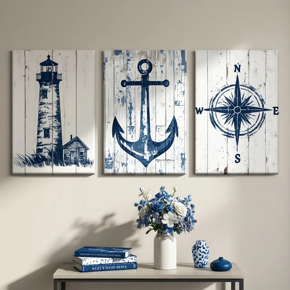 3pcs/Set, Canvas Painting--Unframed, Nautical Charts Lighthouse Anchor Compass, Posters And Prints, Living Room, Library, Off