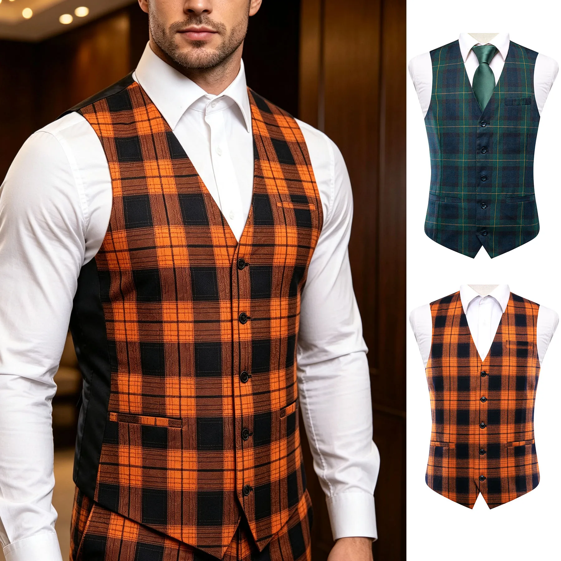 Herren Orange-Grün Karierte V-Ausschnitt Anzugweste Einzelstück Ohne Accessoires Geeignet für Hochzeiten, Abendveranstaltungen und Events – Detail 3