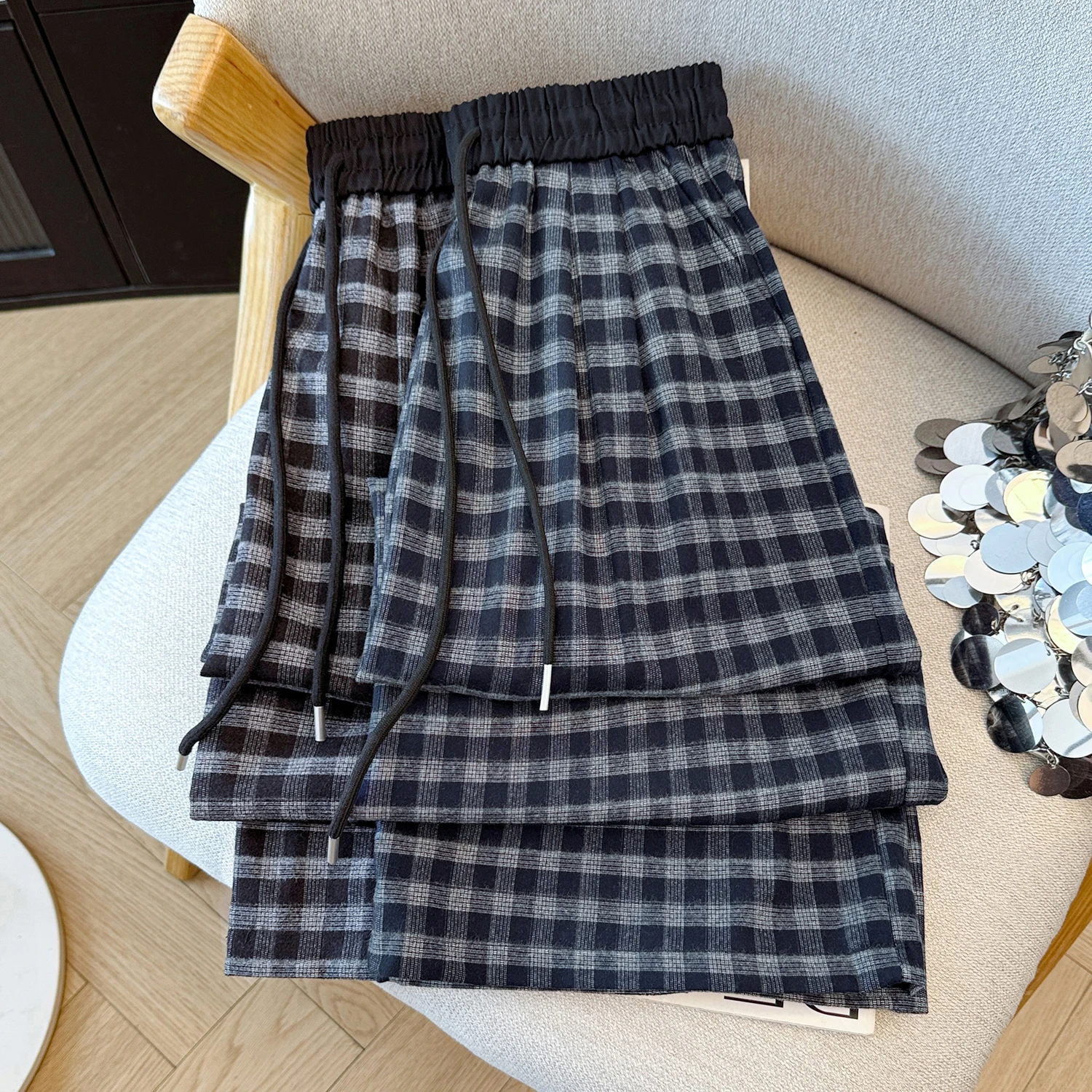 الكورية تصميم الإحساس منقوشة اللون Blo مرونة الخصر مستقيم الساق السراويل النسائية الرجعية عارضة فضفاض ثنى السراويل واسعة الساق