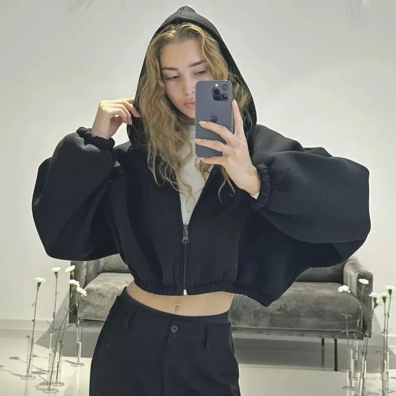 Women Fashion Zipper Hoodie Cropped Jacket Spring Y2k Solid Color Short Cardigan Long Sleeve Loose Surcoat For Female Sweatshirt