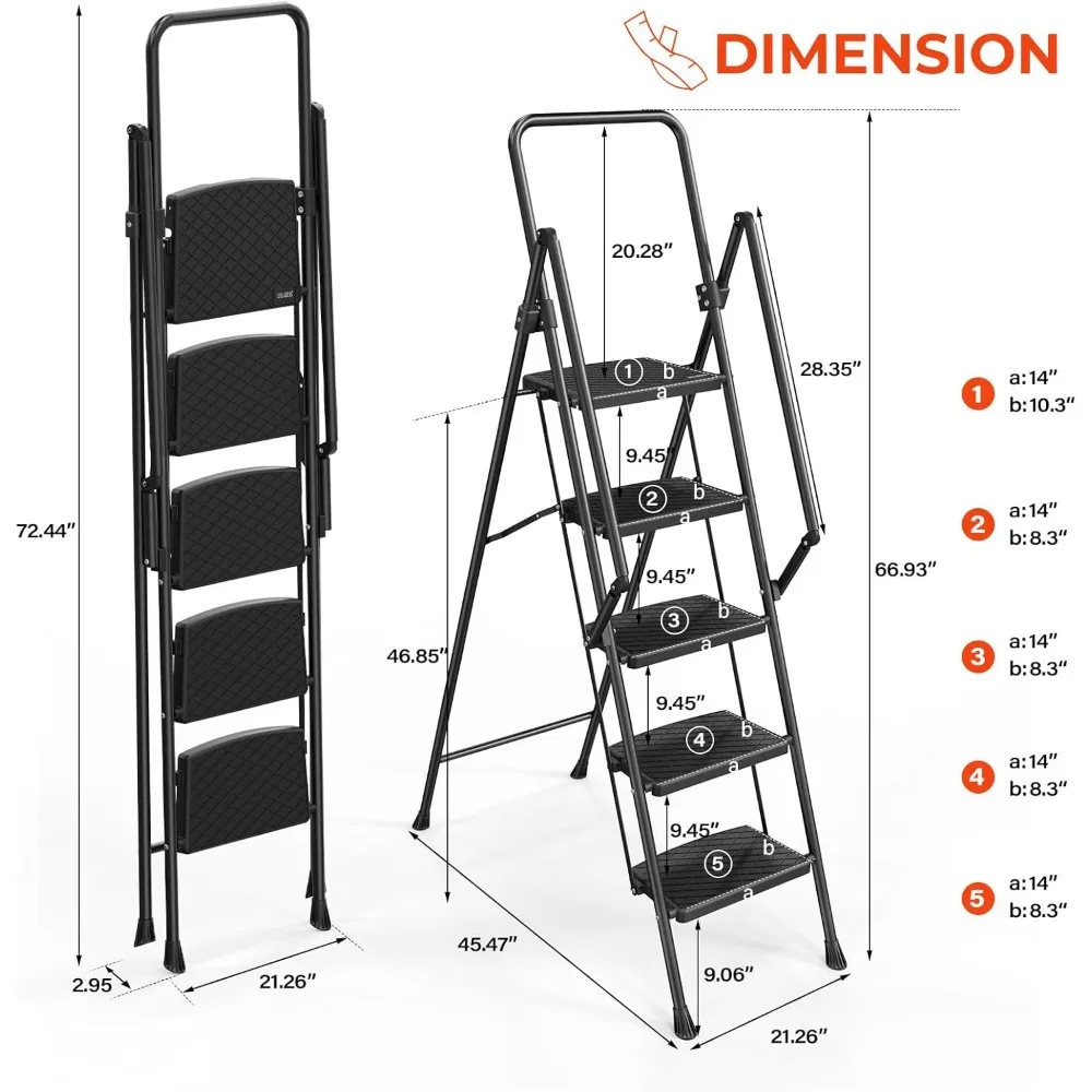 Scaletta pieghevole antiscivolo a 5 gradini con corrimano, pedali leggeri e allargati, supporta fino a 330 libbre per la sicurezza e la comodità