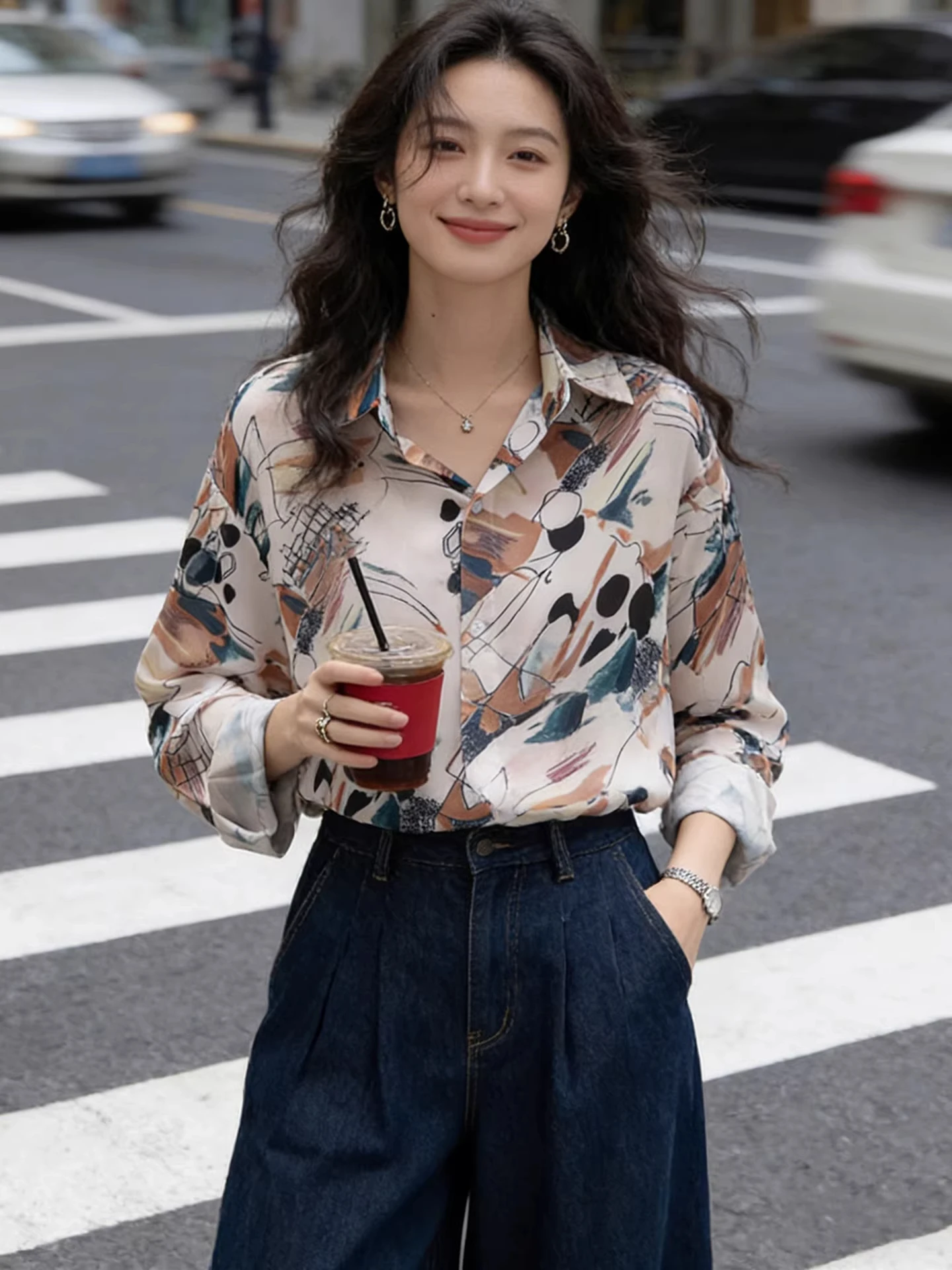 

Retro Print Long Sve irt Women's Faion Brand Button up Loose Fit Versatile Spring Autumn Small Size Friendly Casual Top