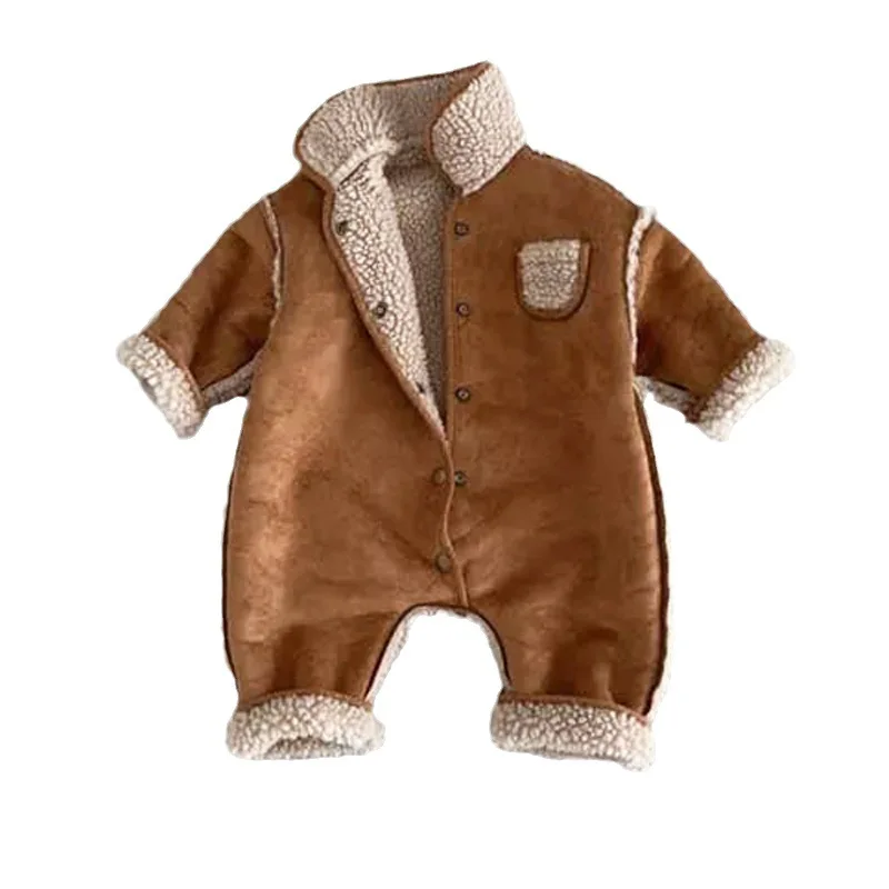 Korean baby and toddler winter outfit new jumpsuit retro suede thickened lamb wool thick warm climbing suit