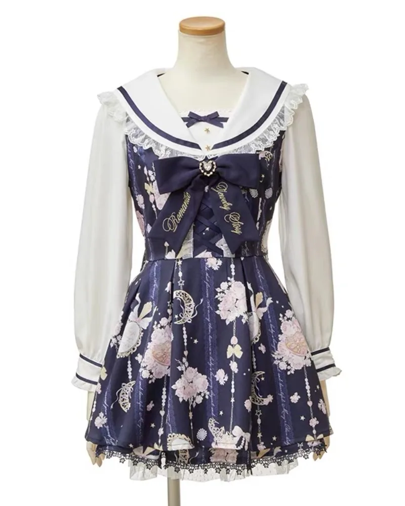 

New Sweet Lovely Bow Dresses Sailor Collar Print Short Ball Gown Vestidos Japan Slim Waist Panelled Minority Literary Cute Robe