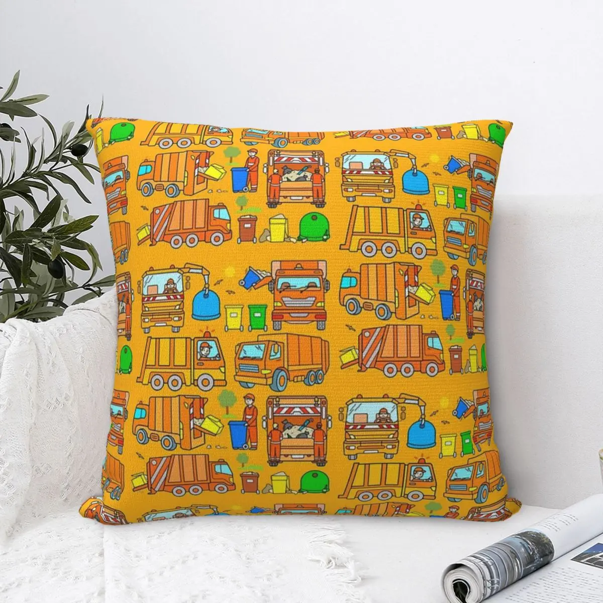 Garbage Truck Design Trashtrucks Rubbish Collection Vehicles Square Pillowcase PillowCover Comfort Throw Pillow For Home Bedroom