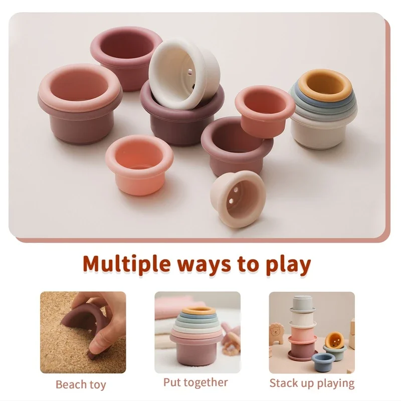 1 Juego de tazas apilables de silicona, juguetes Montessori para niños, bloques apiladores, juguetes educativos para edades tempranas, juguetes de baño para bebés, juguete para bañera estilo Ins