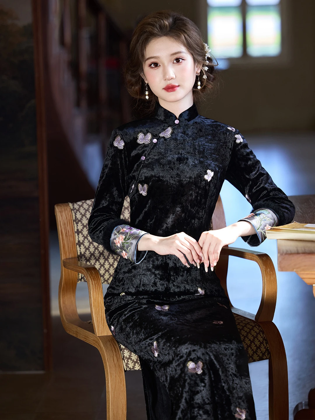 

Ele Bla Embroidered Fce Lined Long Sve Women's Slimming Traditional Chinese Sle Daily Wear Warmth
