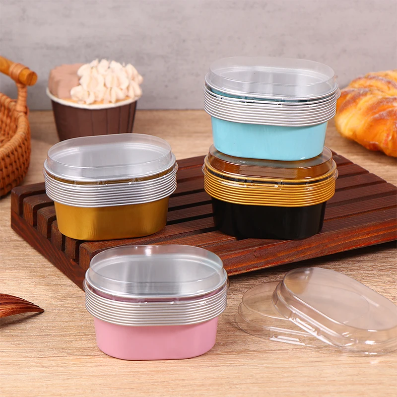 ถ้วยอบขนมขนาดเล็ก 10 ชิ้น 68 มล. ทำจากอลูมิเนียมฟอยล์ รูปทรงวงรี พร้อมฝาปิด ทนความร้อน สำหรับงานเลี้ยงสังสรรค์