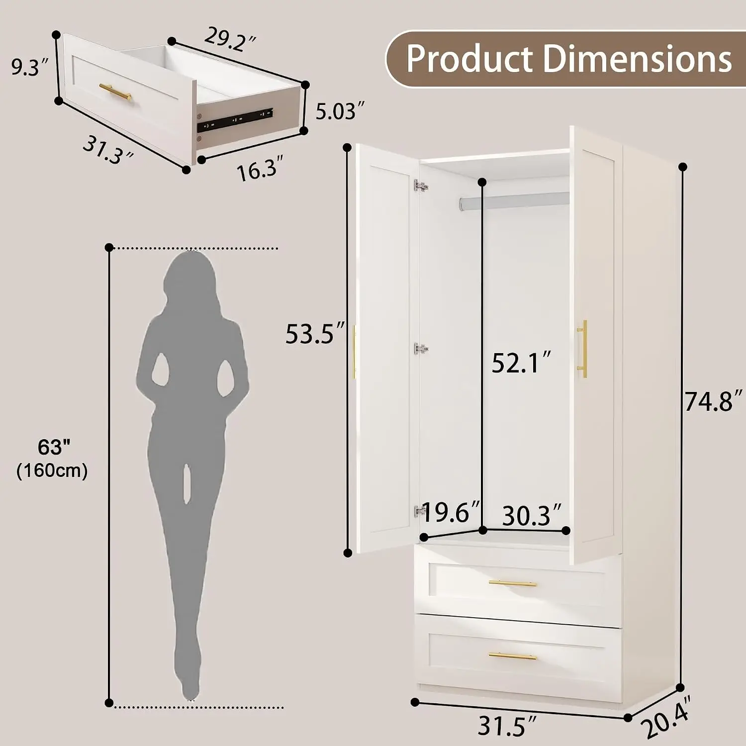 White Armoire Wardrobe Closet with 2 Drawers, 75