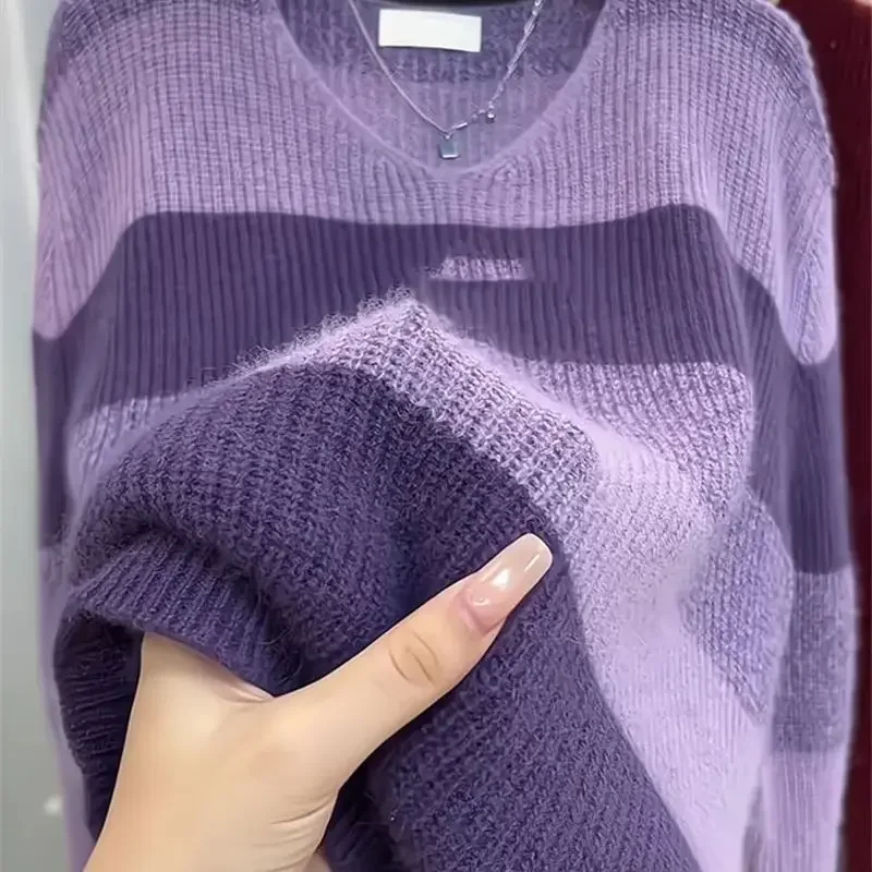 女性用パープルストライプニットセーター,ルーズウールセーター,カジュアル,ソフトニット,秋のファッション