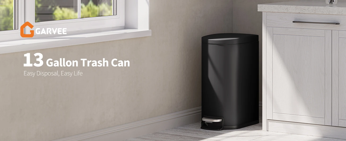 13 Gal / 50 L Slim Stainless Steel Step Trash Can with Soft-Close Lid – Kitchen Garbage Bin with Inner Bucket, Rear Handle, Rustproof, Silver