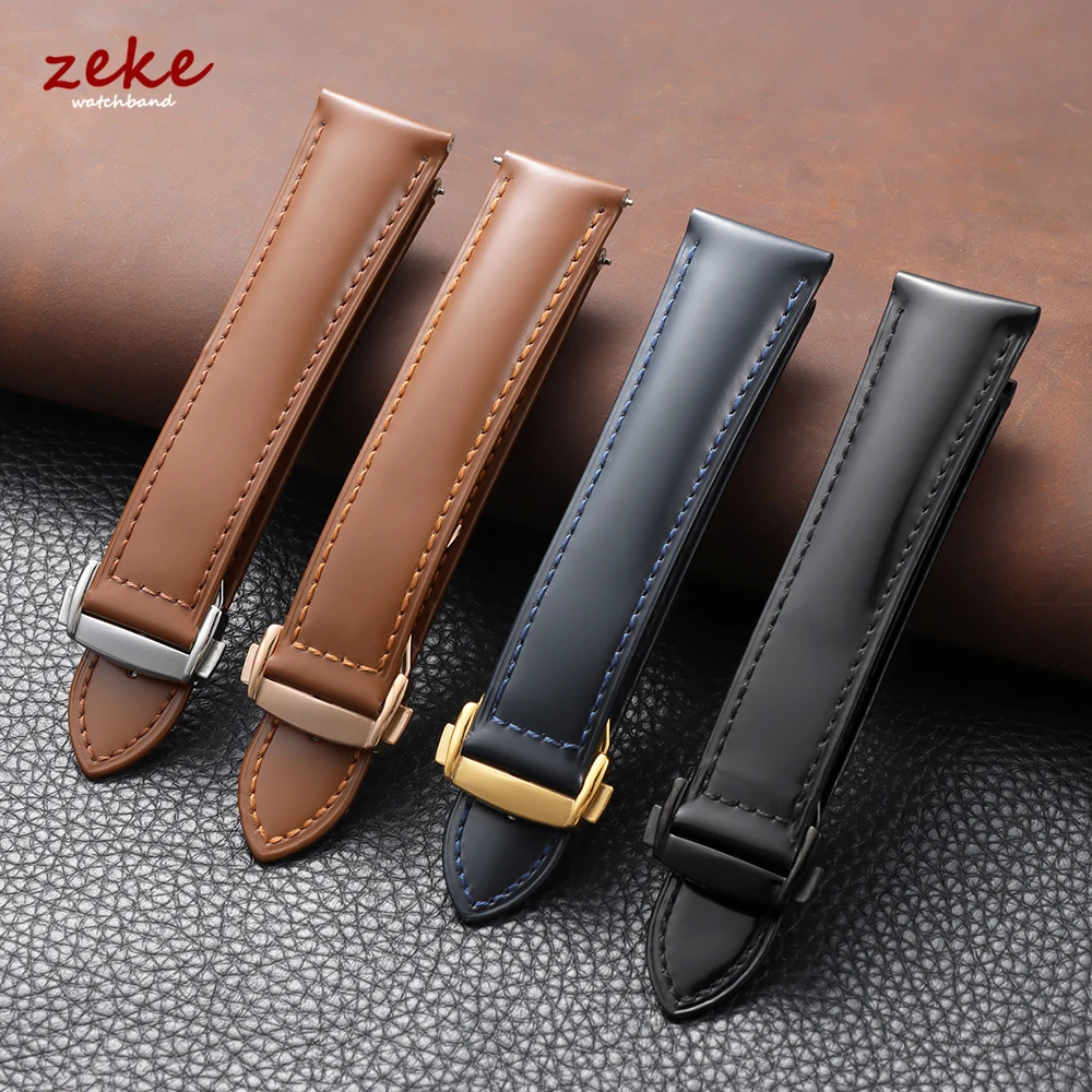 19mm 20mm 21mm 22mm Polished Cowhide Straps for Omega Seamaster Speedmaster Folding Buckle Waterproof Brown Leather Watch Band
