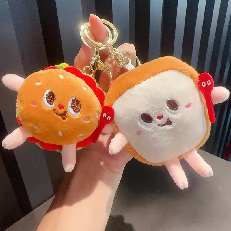 Porte-clés en peluche jetable de dessin animé créatif, hamburger, frites, toast, jambe, beurre, pendentif, jeu de nourriture mignon, sac à dos, cadeaux pour animaux