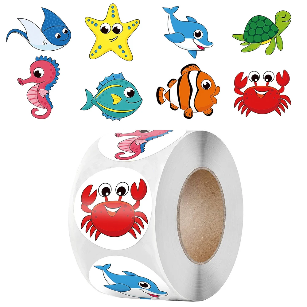 500 Stück/Rolle Niedliche Cartoon-Meerestiere Aufkleber Schüler-Belohnungsgeschenk DIY PVC Laptop-Aufkleber Lustige Dekorations-Sticker Spielzeug