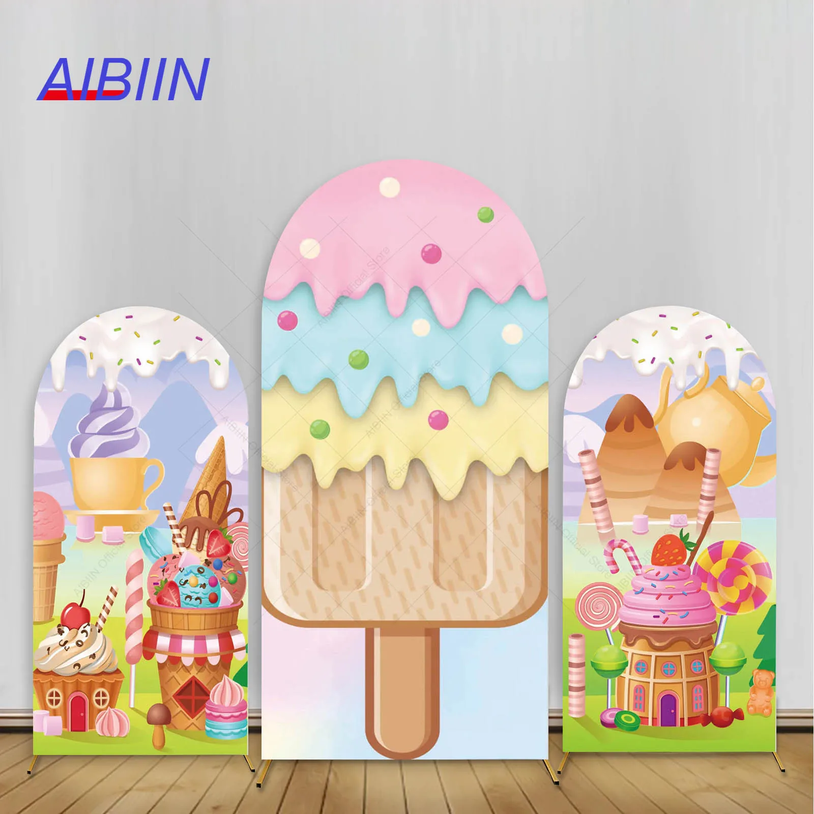 

Candy Party Arch Backdrop Cover Lollipop Colorful Ice Cream Candy House Girl Baby Shower Birthday Party Decor Cake Background