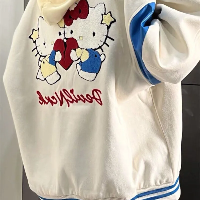 Cute Hello Kitty Baseball Uniform Kawaii Cartoon American Style Retro Loose Simple Autumn Winter Couple Jacket Top Girl Gifts