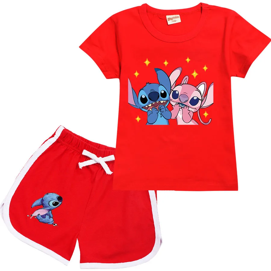 Stitch Kids T-shirt Shorts Set Anime Angel Children Sport Clothes Kawaii Summer Girl Boy Tees Pants 2pcs Pajamas Birthday Gift